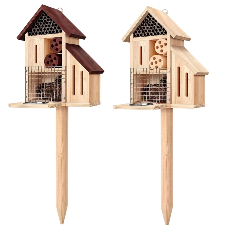 Insect Hotel Wood - Hölzernes Insektenhaus auf einem Pfahl, Garten-Insektenhotel